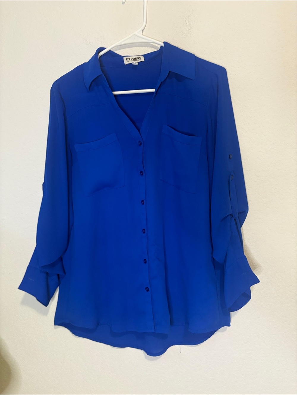 Express Portofino shirt Cobalt Royal Blue Button-Down Blouse m